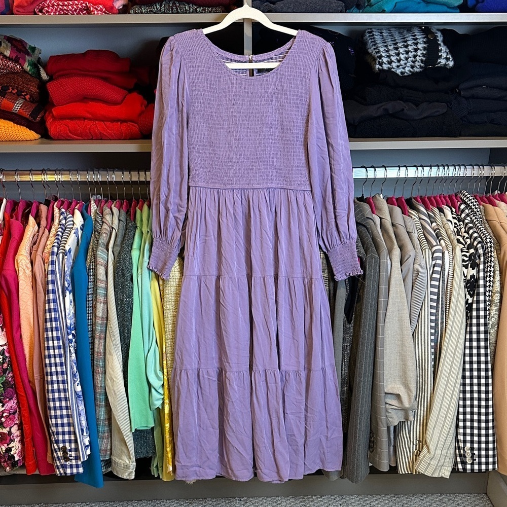 Zesica purple long sleeve smocked back button keyhole closure midi dress size S